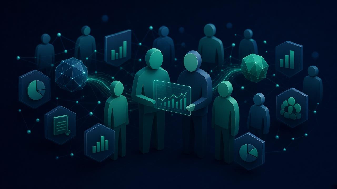 Graphic figures of two founders with a wider circle of people around them