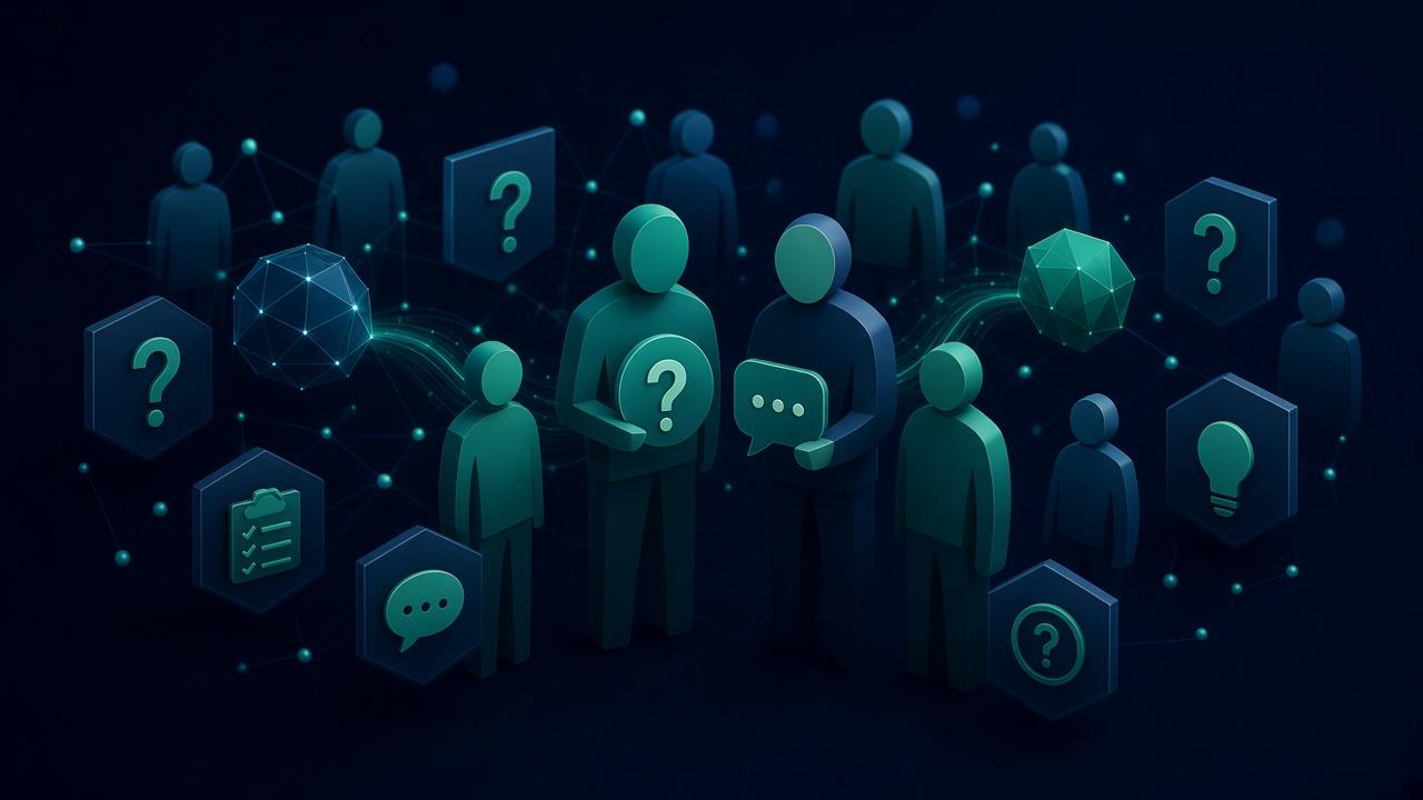 People asking and answering questions, with question marks and speech bubbles